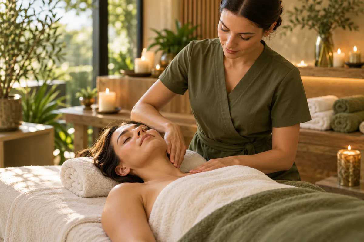 Illustration of a gentle neck and shoulder massage in a calm treatment room